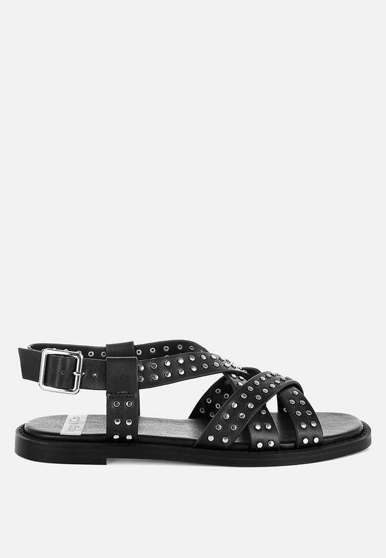 anemone studded flat gladiator sandals#color_black