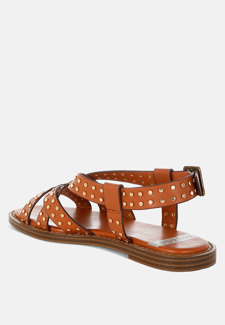anemone studded flat gladiator sandals#color_tan