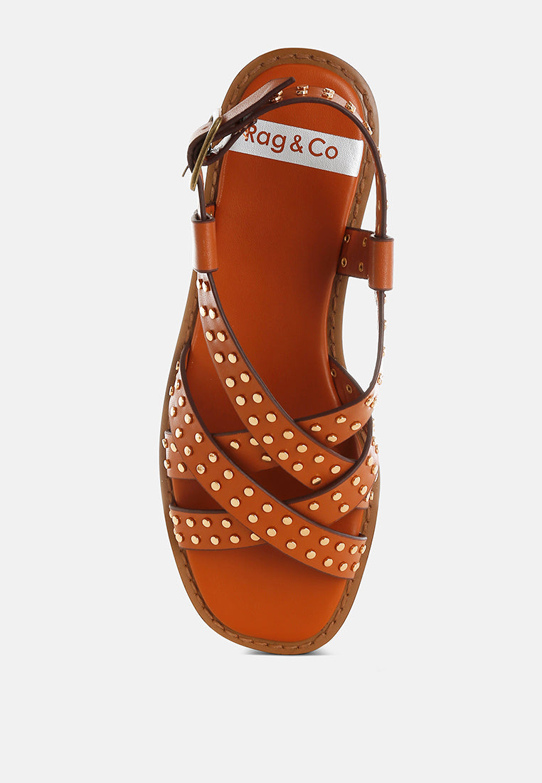 anemone studded flat gladiator sandals#color_tan