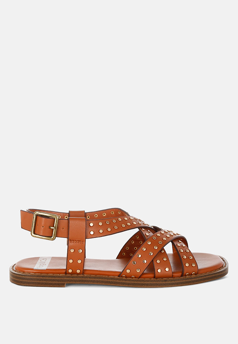 anemone studded flat gladiator sandals#color_tan