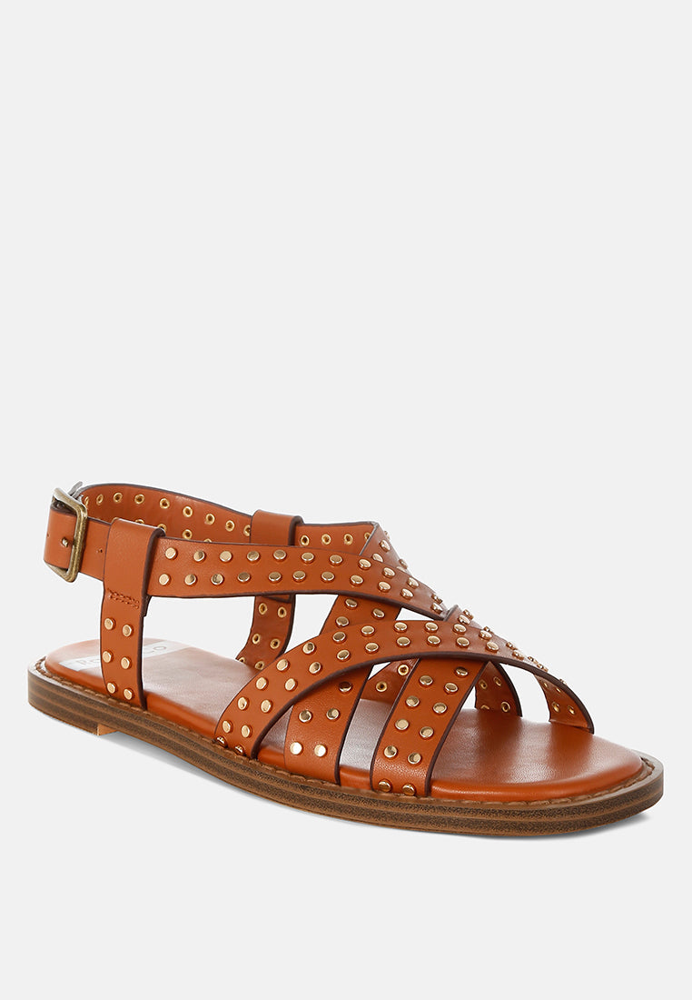 anemone studded flat gladiator sandals#color_tan