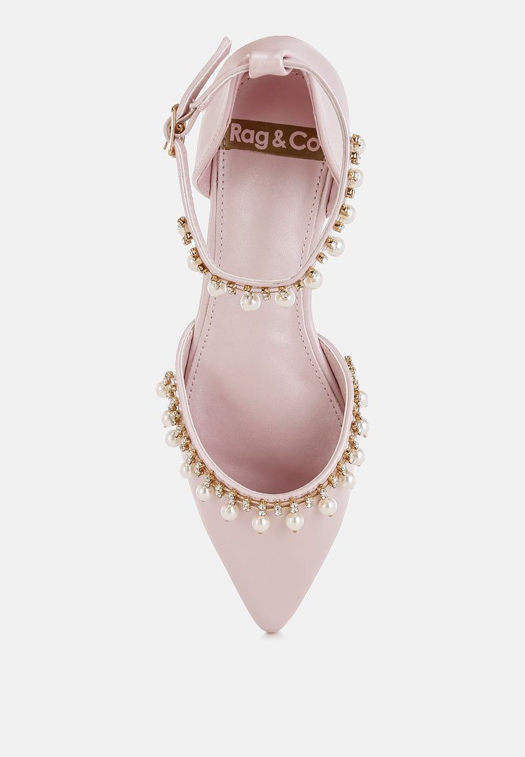 aouva rhinestone & pearl ankle strap flat sandals#color_pink
