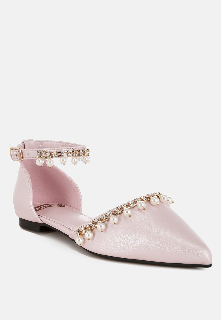 aouva rhinestone & pearl ankle strap flat sandals#color_pink