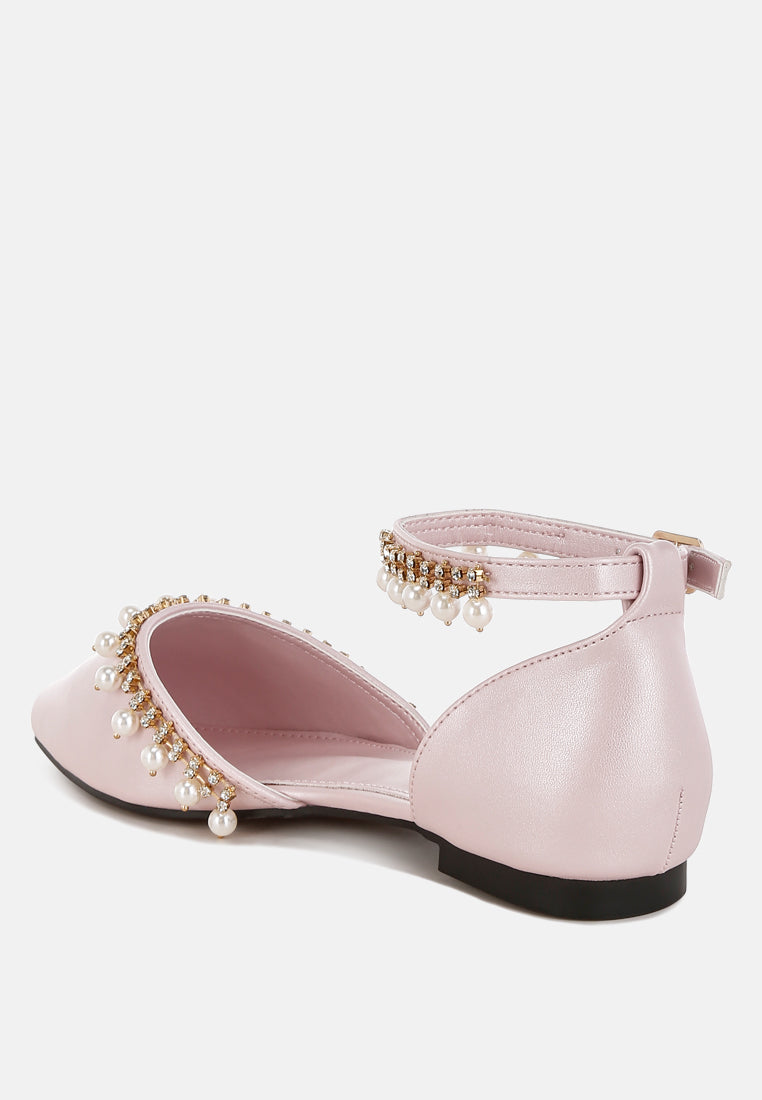 aouva rhinestone & pearl ankle strap flat sandals#color_pink