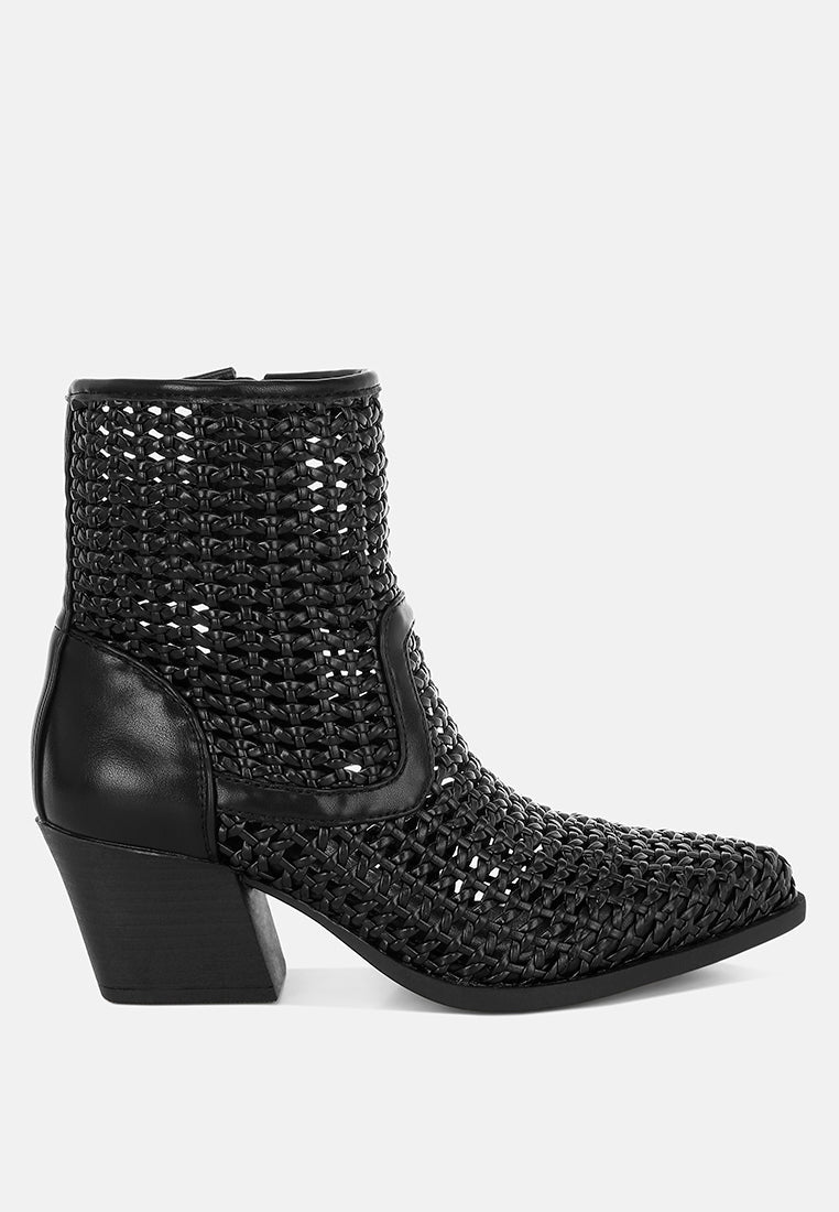 artisole woven pleather block heel boots#color_black