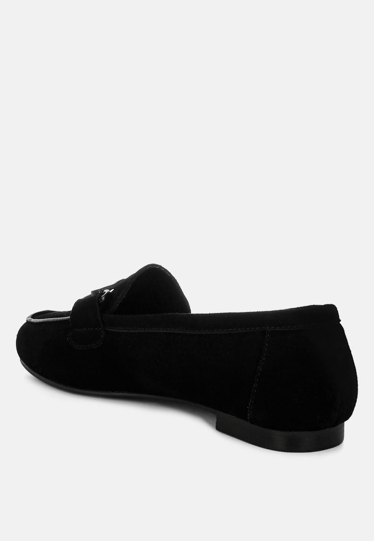 awen monochromatic horsebit real suede loafers#color_black