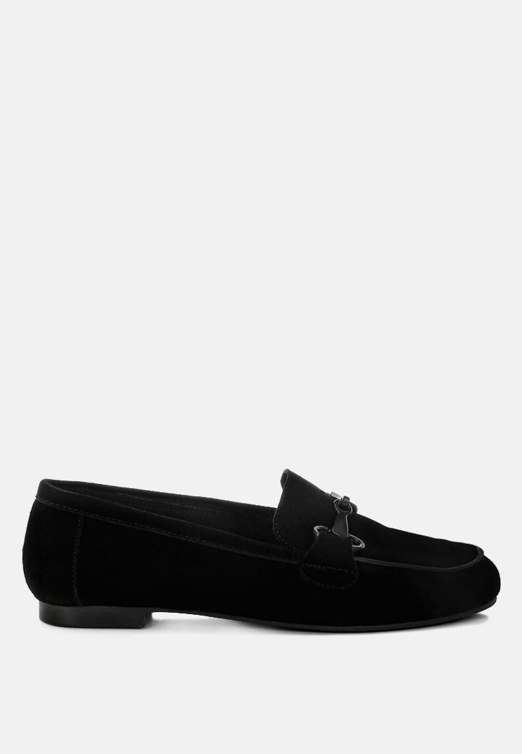 awen monochromatic horsebit real suede loafers#color_black