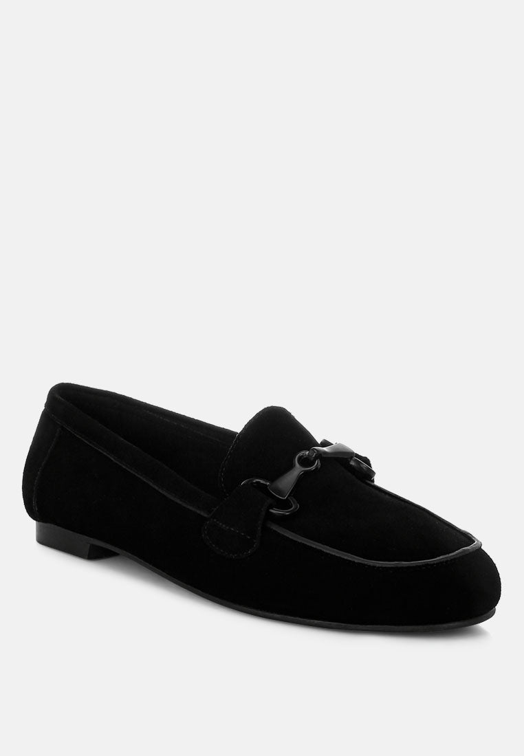 awen monochromatic horsebit real suede loafers#color_black