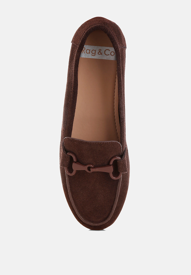 awen monochromatic horsebit real suede loafers#color_brown