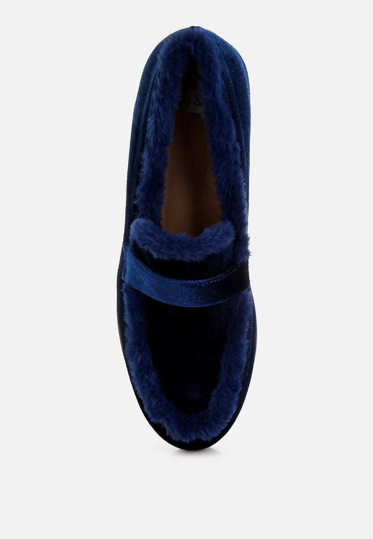bastian fur detail velvet loafers#color_dark blue