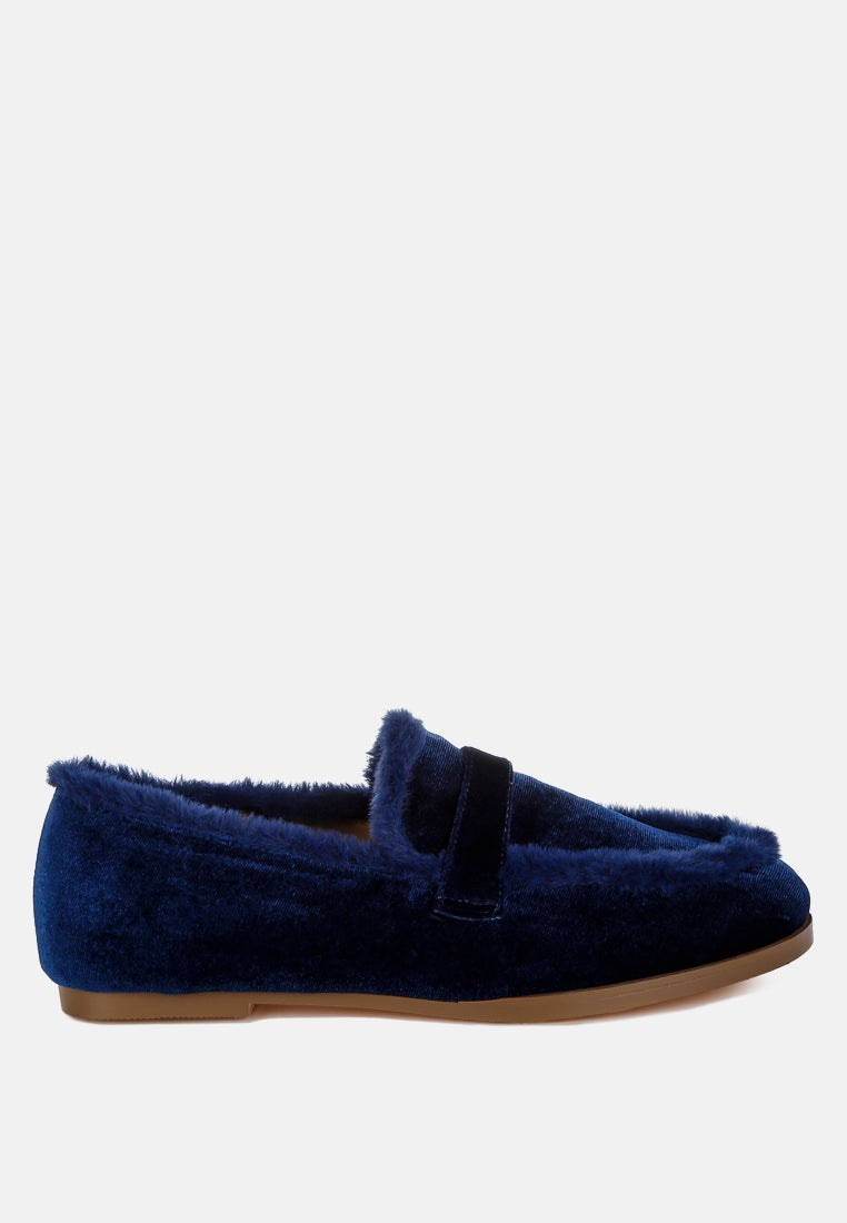 bastian fur detail velvet loafers#color_dark blue