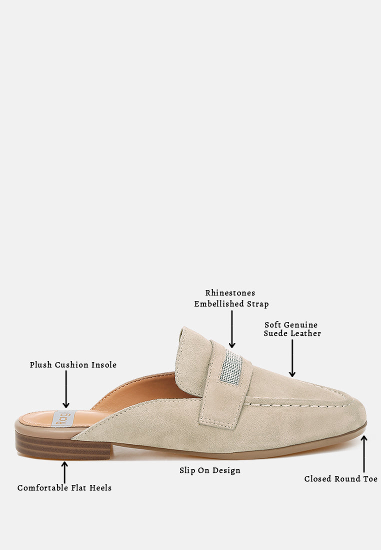 belorose rhinestone strap suede mules#color_beige