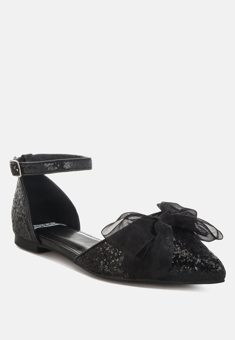 clarice sheer bow detail glitter flat sandals#color_black
