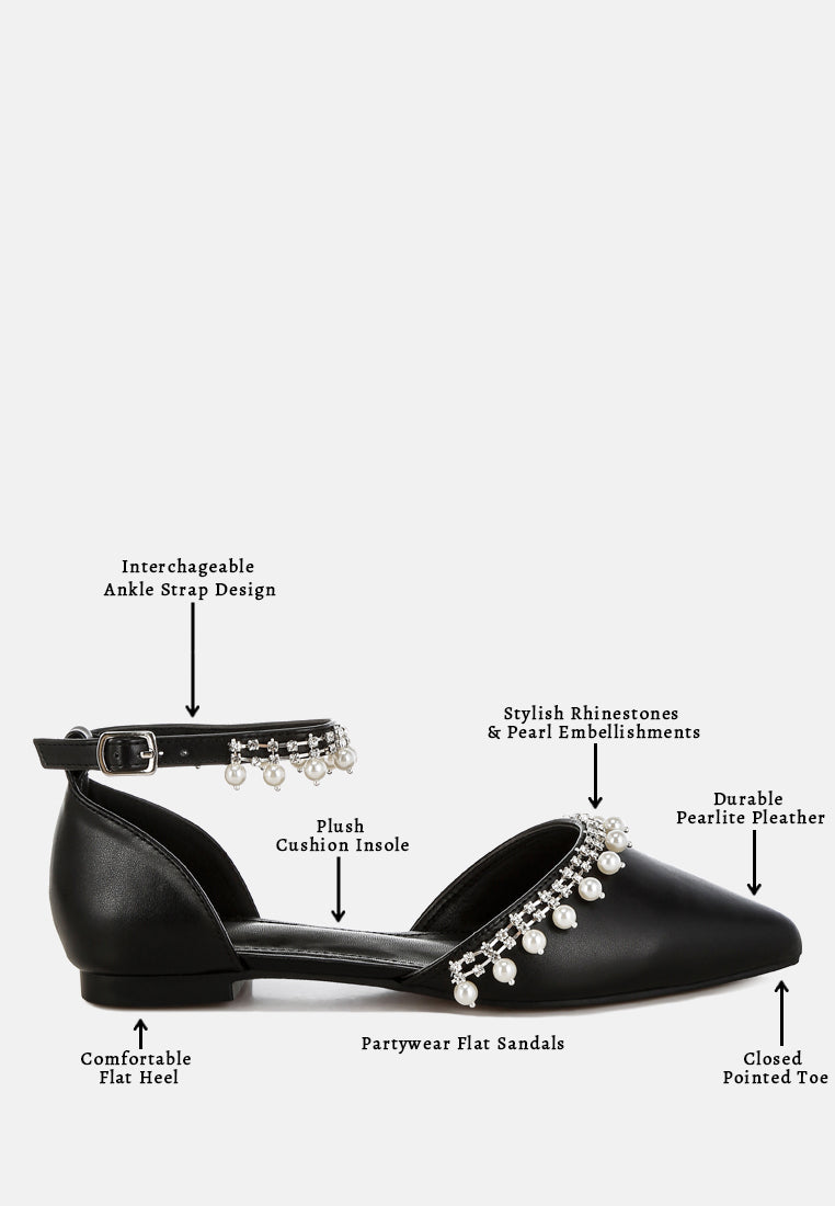 aouva rhinestone & pearl ankle strap flat sandals#color_black