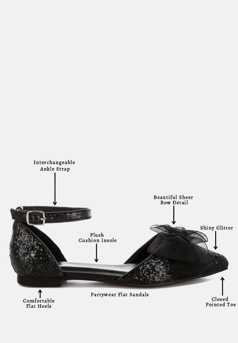 clarice sheer bow detail glitter flat sandals#color_black