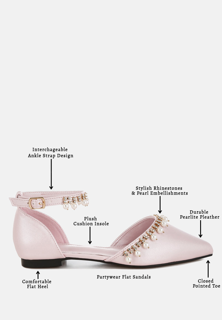 aouva rhinestone & pearl ankle strap flat sandals#color_pink