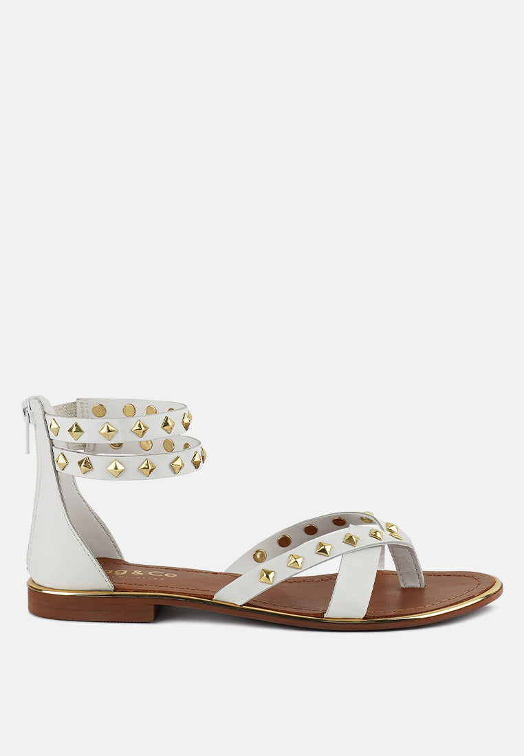EMMETH Studs Embellished White Flat Gladiator Sandals#color_white