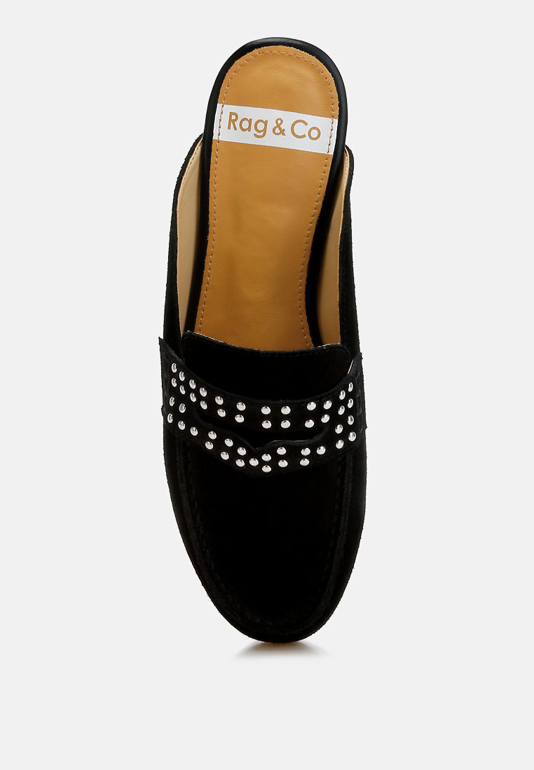 eve park stud embellished penny strap mules#color_black