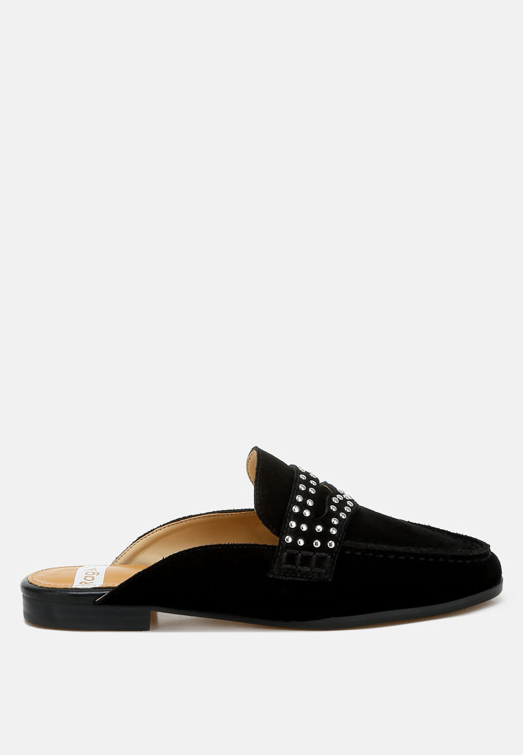 eve park stud embellished penny strap mules#color_black
