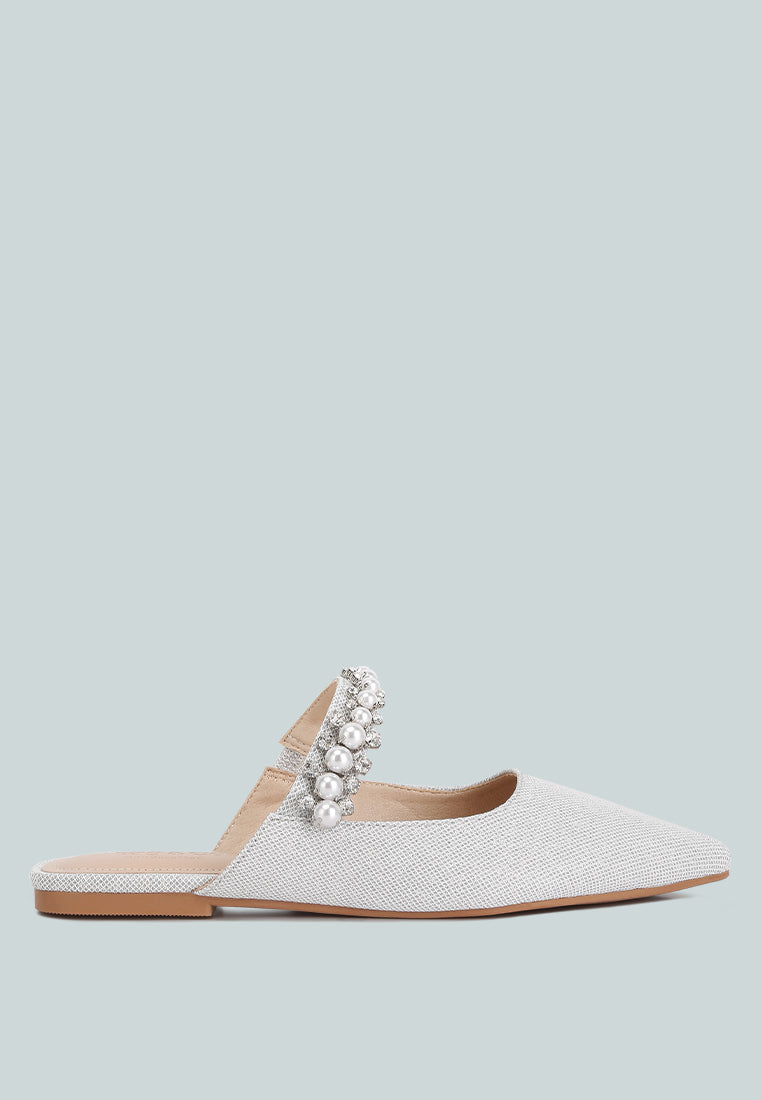 GEODE Pearl Embellished Slip On Mules In Silver#color_silver