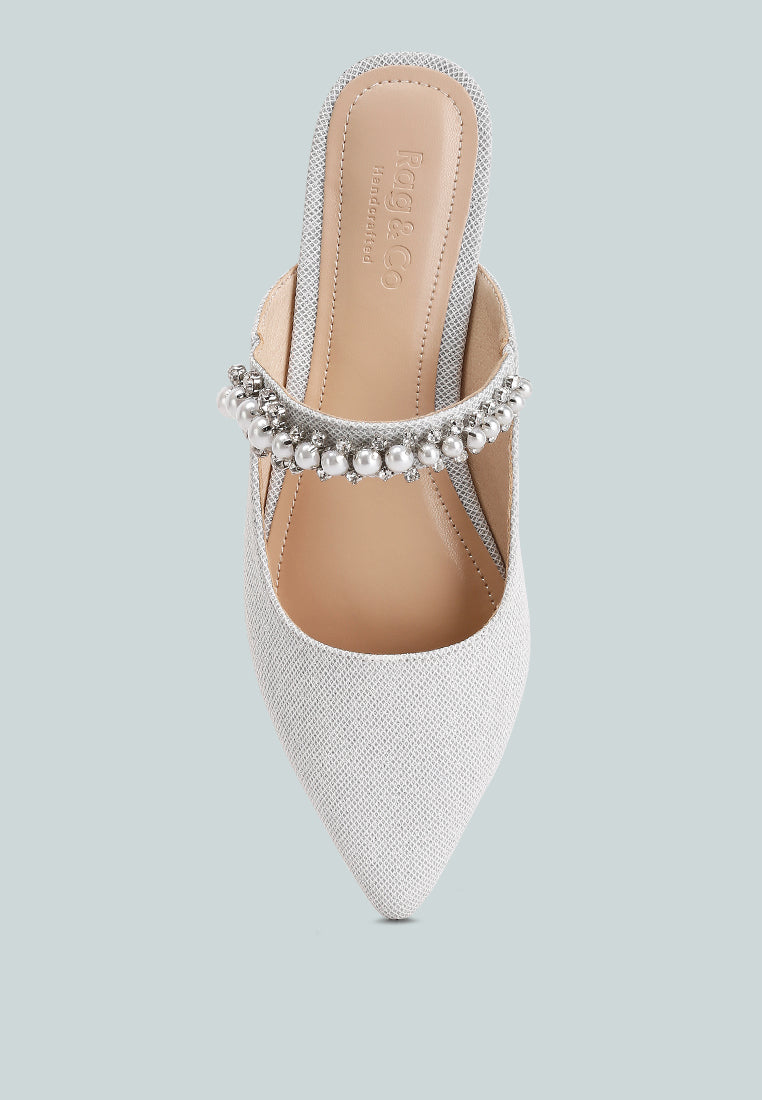 GEODE Pearl Embellished Slip On Mules In Silver#color_silver