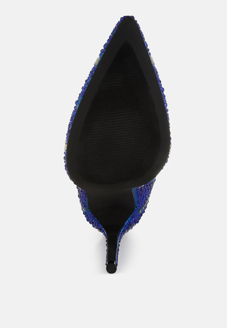 high roller rhinestones embellished stiletto boots#color_blue