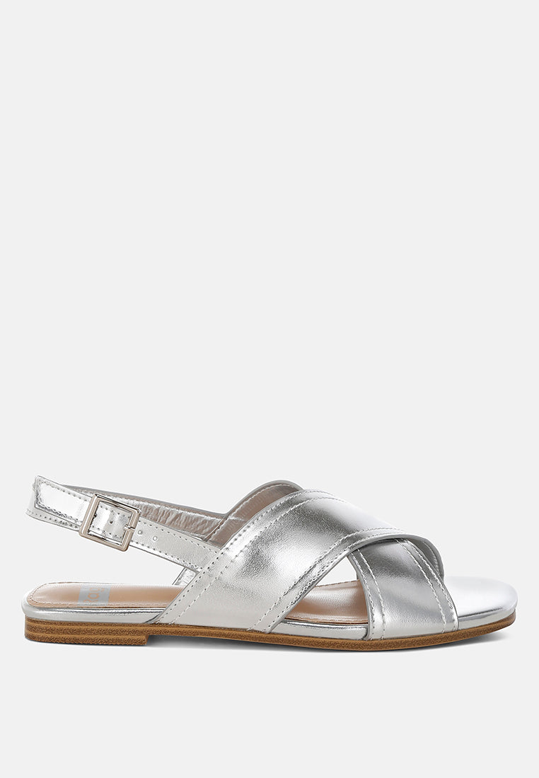 kanon metallic pleather criss-cross flats#color_silver