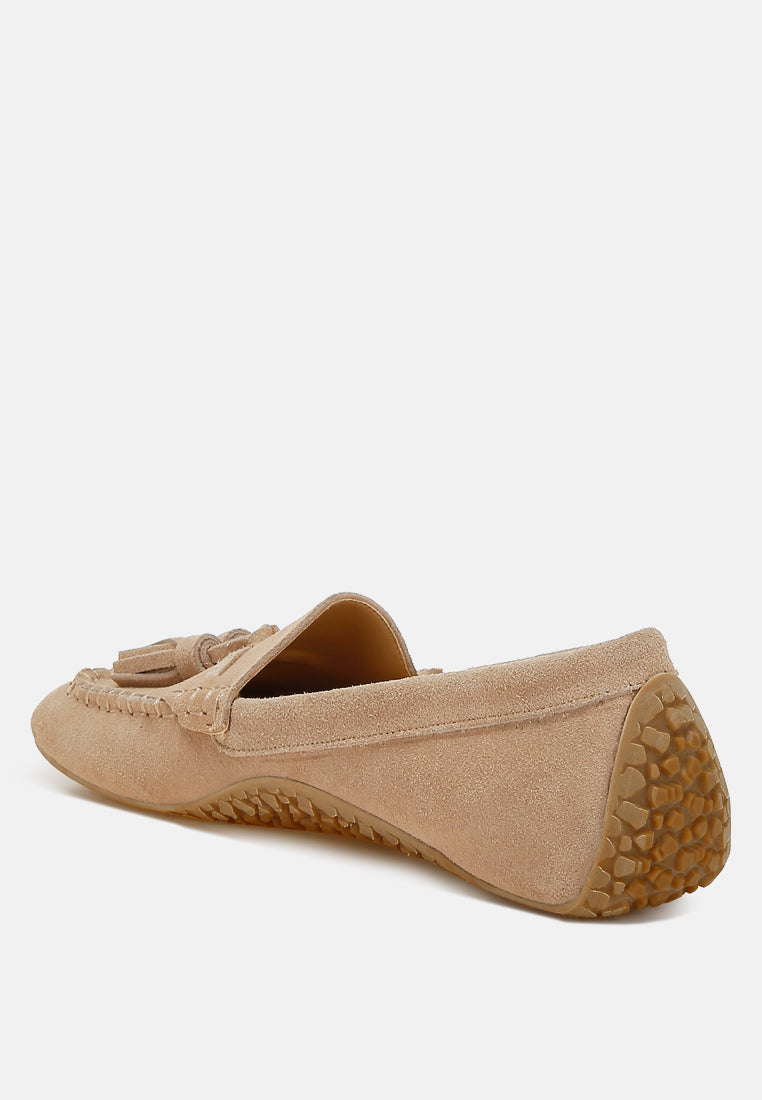 kipstar suede round toe tassel loafers#color_beige
