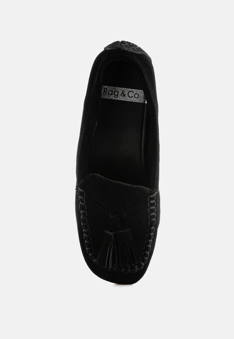 kipstar suede round toe tassel loafers#color_black