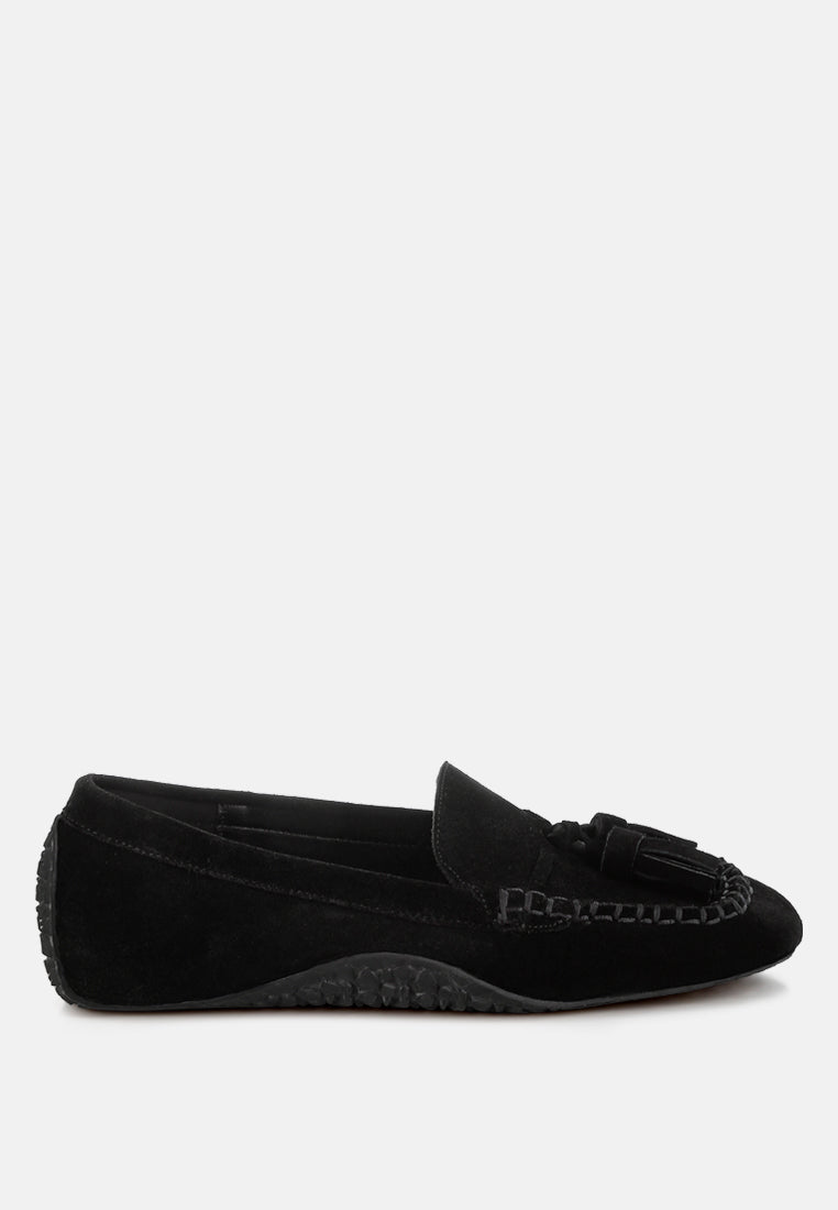 kipstar suede round toe tassel loafers#color_black
