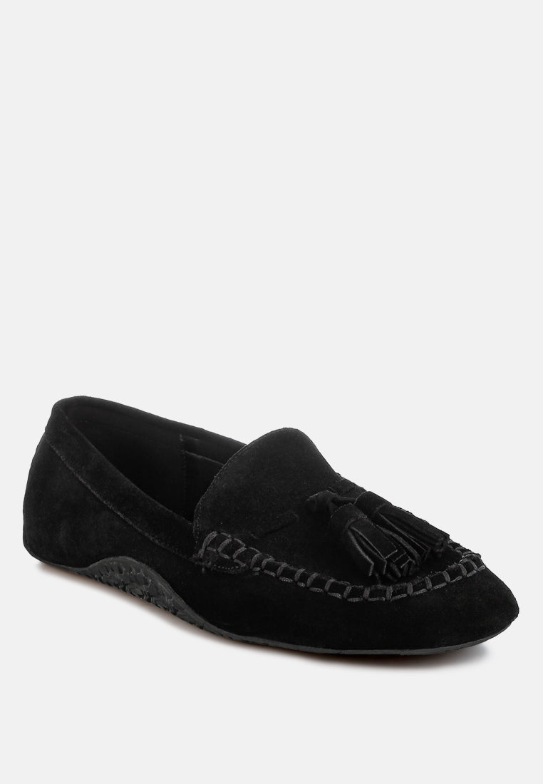 kipstar suede round toe tassel loafers#color_black