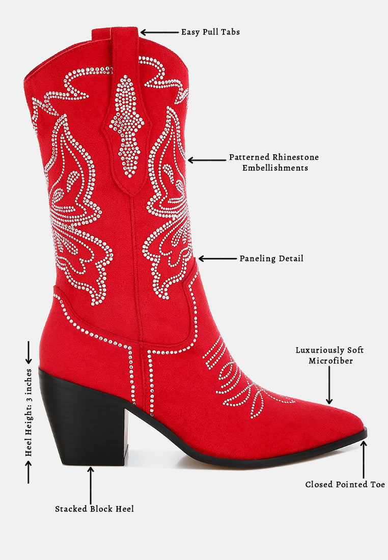 latafa rhinestones embellished cowboy boots#color_red