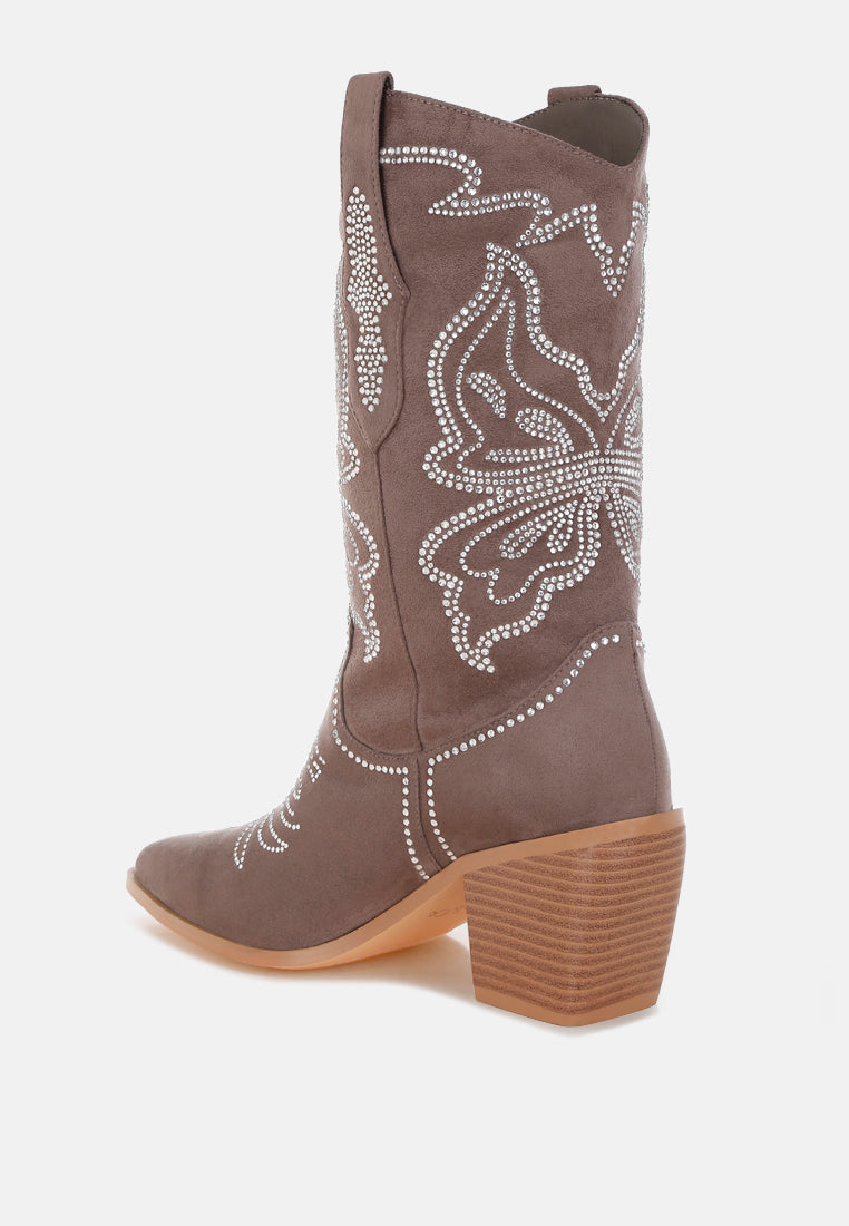 latafa rhinestones embellished cowboy boots#color_taupe