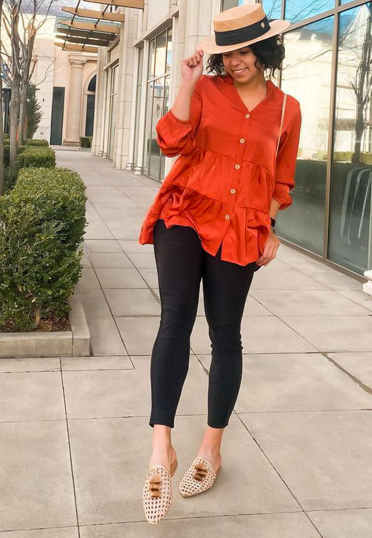 MELANIE Gold Tassels Embellished Woven Flat Mules#color_red