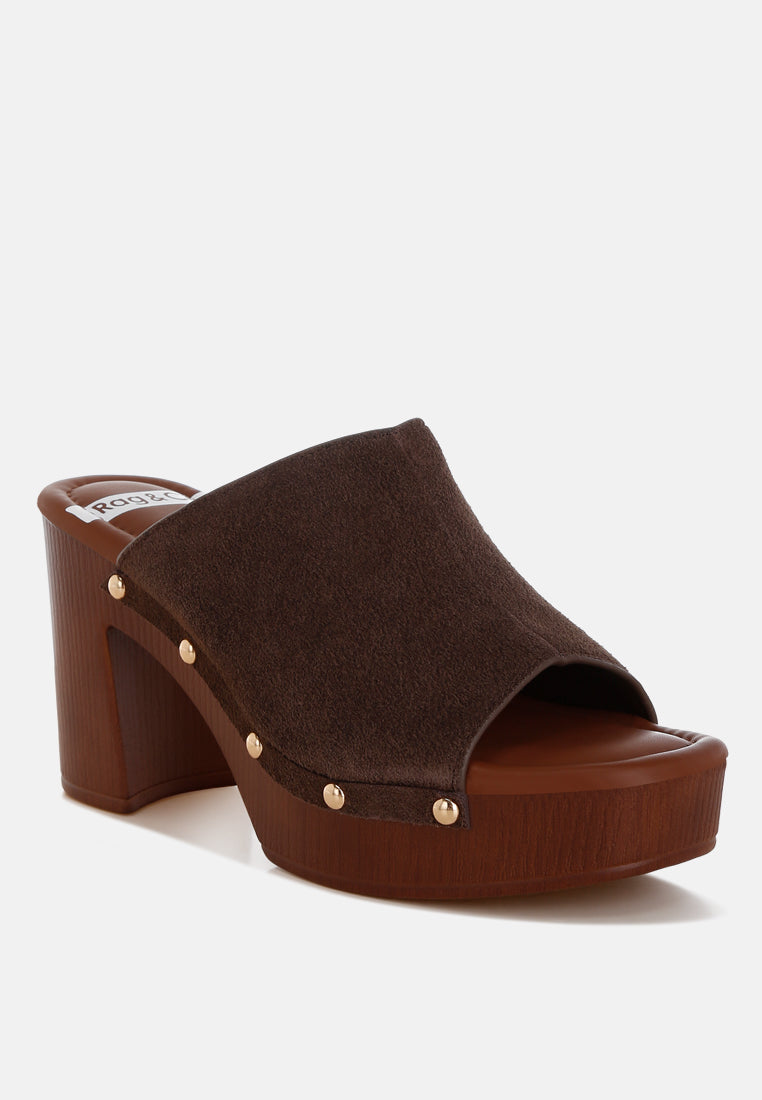 masaki soft suede leather wooden clogs#color_brown