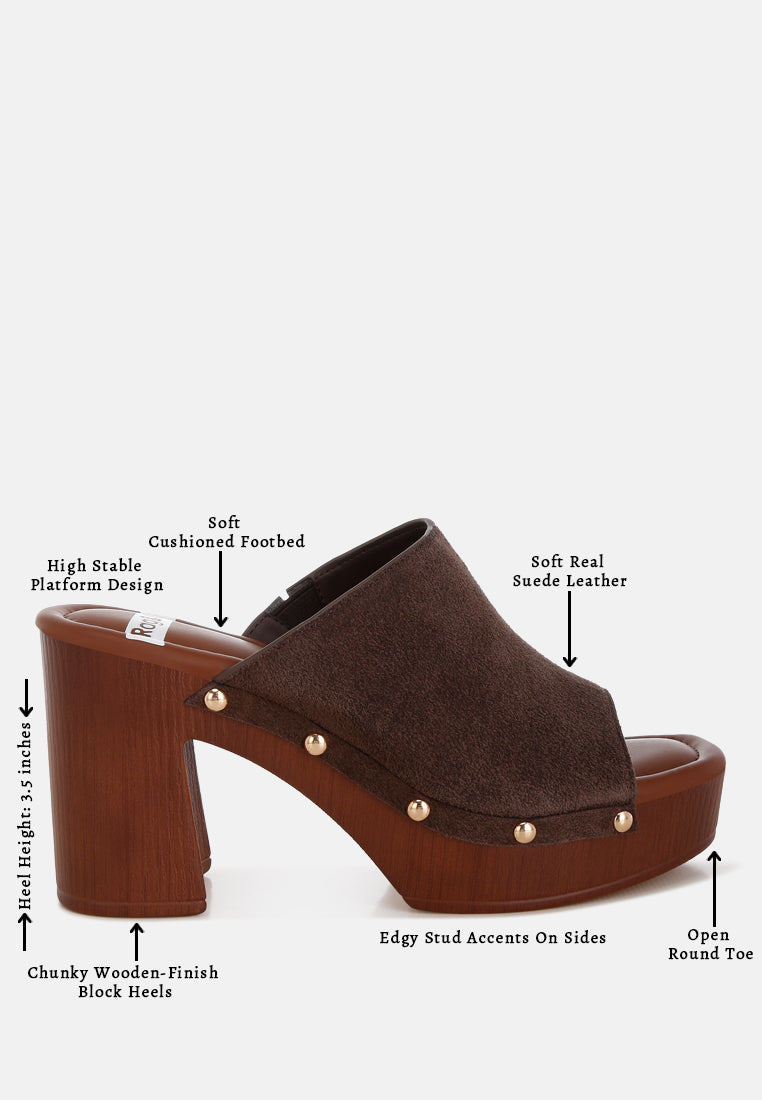 masaki soft suede leather wooden clogs#color_brown