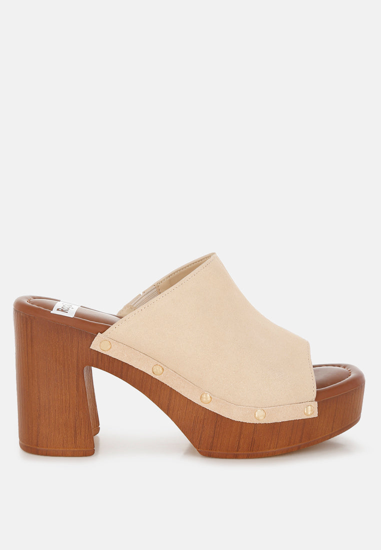 masaki soft suede leather wooden clogs#color_beige