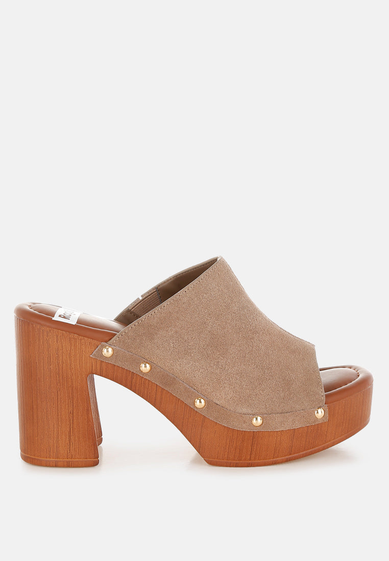 masaki soft suede leather wooden clogs#color_taupe