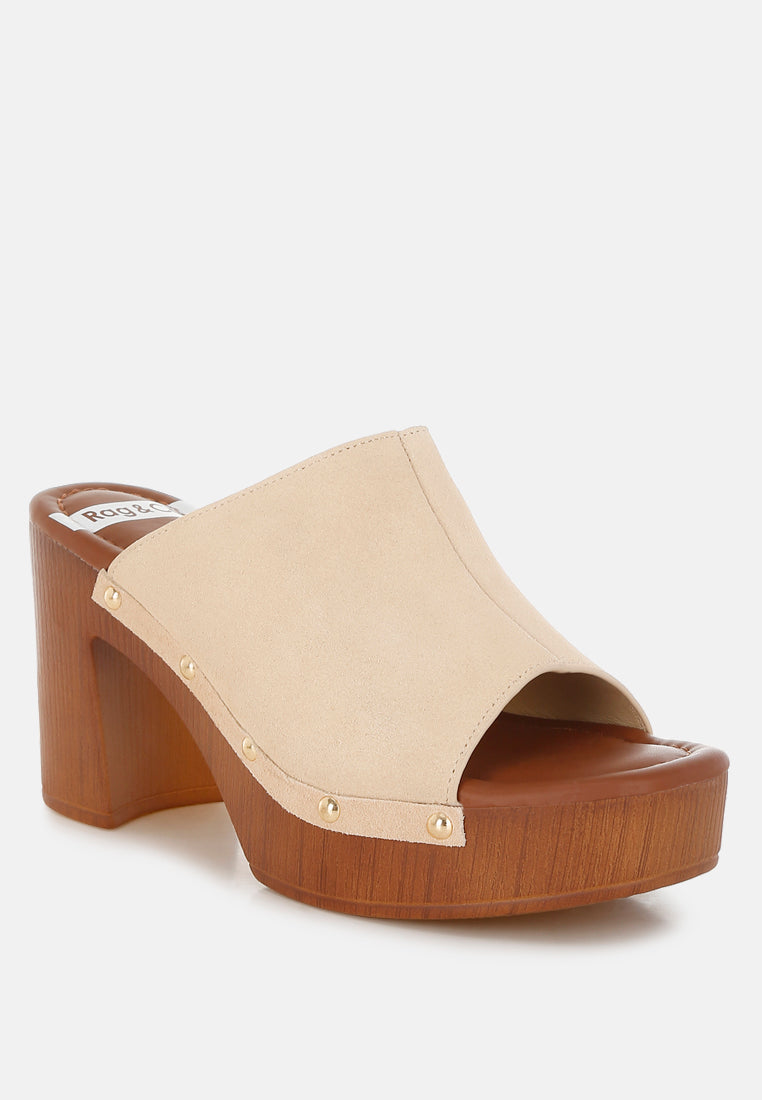 masaki soft suede leather wooden clogs#color_beige