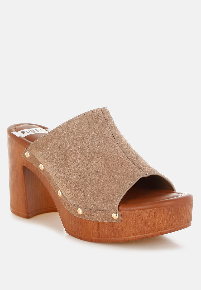 masaki soft suede leather wooden clogs#color_taupe