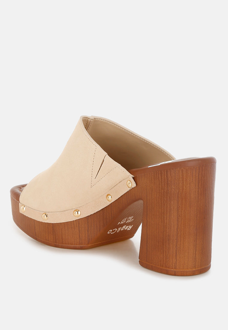 masaki soft suede leather wooden clogs#color_beige