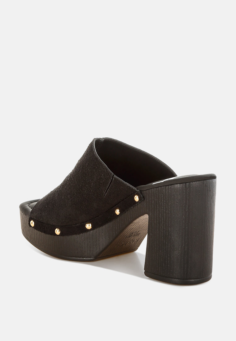 masaki soft suede leather wooden clogs#color_black