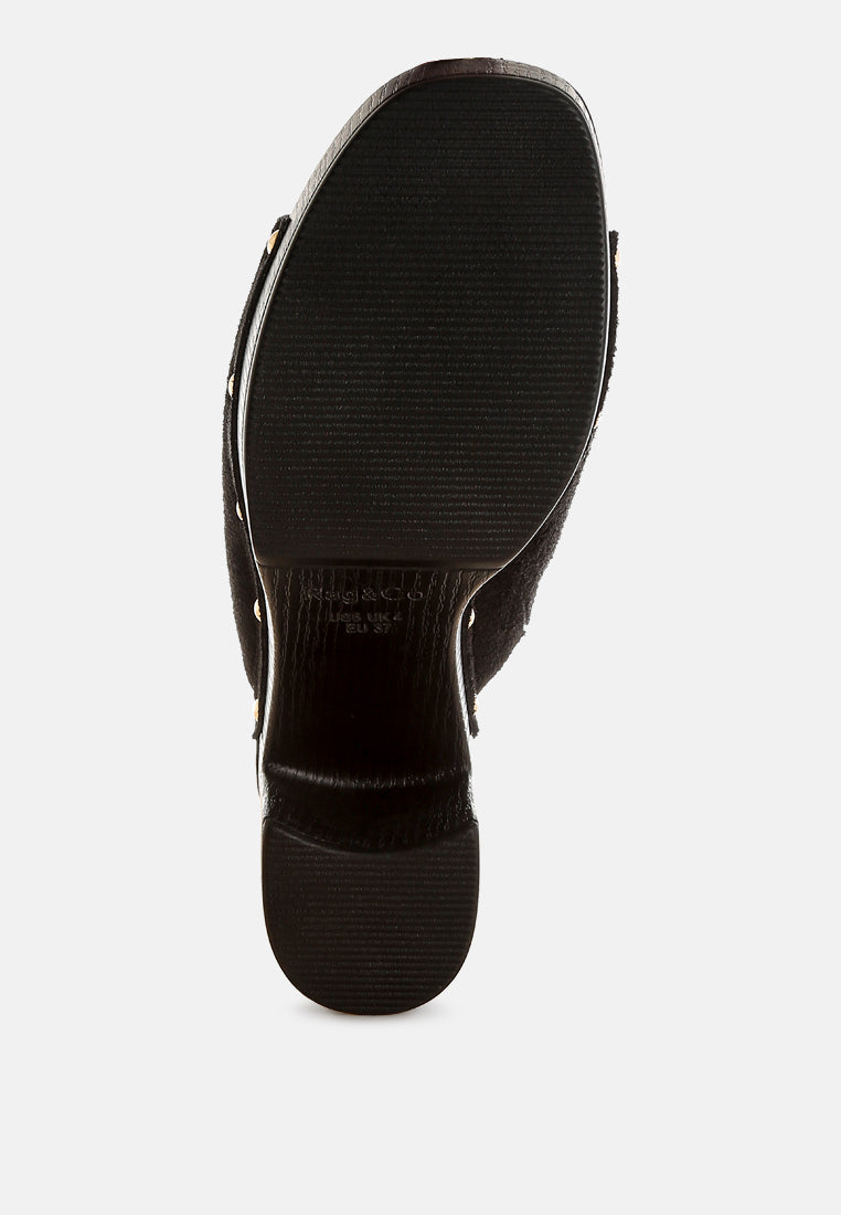 masaki soft suede leather wooden clogs#color_black