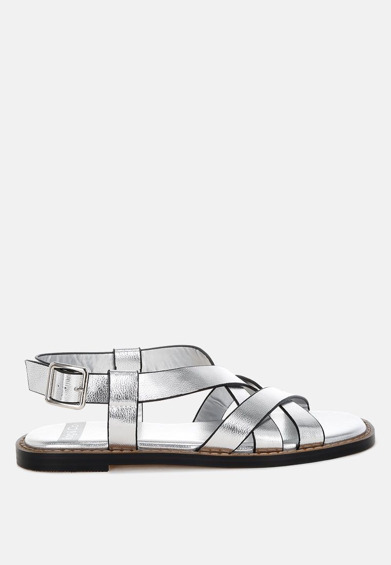 doata metallic genuine leather buckled flats#color_silver