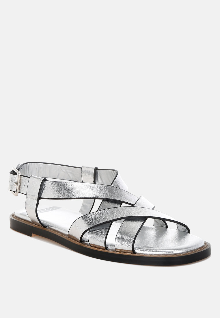 doata metallic genuine leather buckled flats#color_silver