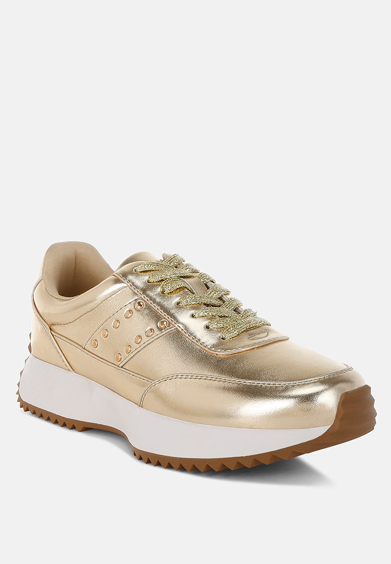 metallic pleather studded sneakers#color_gold