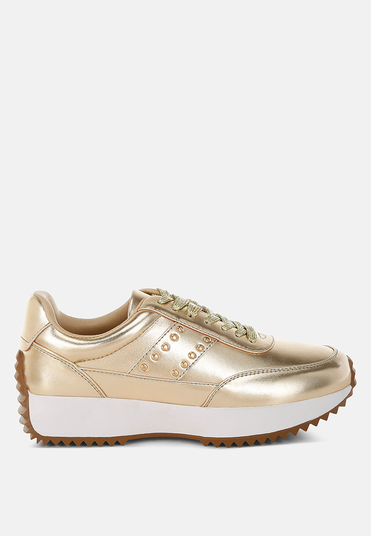 metallic pleather studded sneakers#color_gold