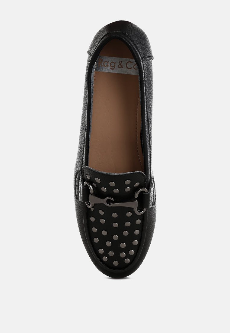 modaha horsebit & studs embellished real leather loafers#color_black