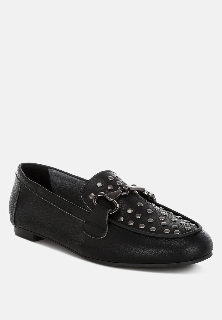 modaha horsebit & studs embellished real leather loafers#color_black