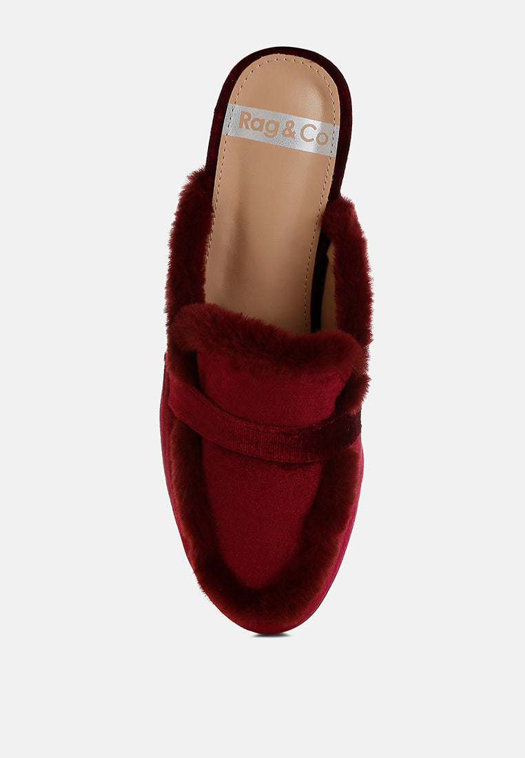mules fur detail velvet slip-on mules#color_burgundy